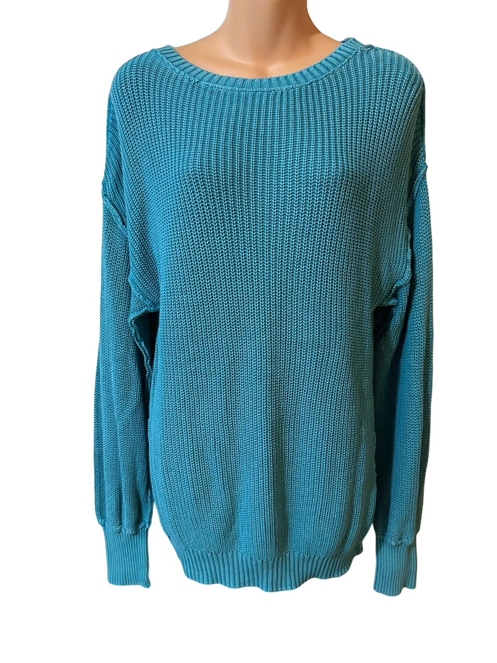 Oversized Teal Ribbed Knit Pullover Sweater Scoop Neck Cozy Drop Shoulder